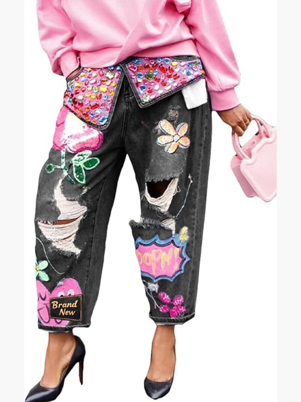 High Waist Wide Leg Barrel Jeans Rhinestone Ripped Horseshoe Baggy Cropped Denim